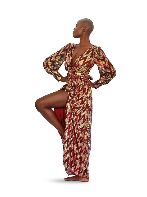 Bishop Sleeve Lurex Maxi Dress - Red/Gold