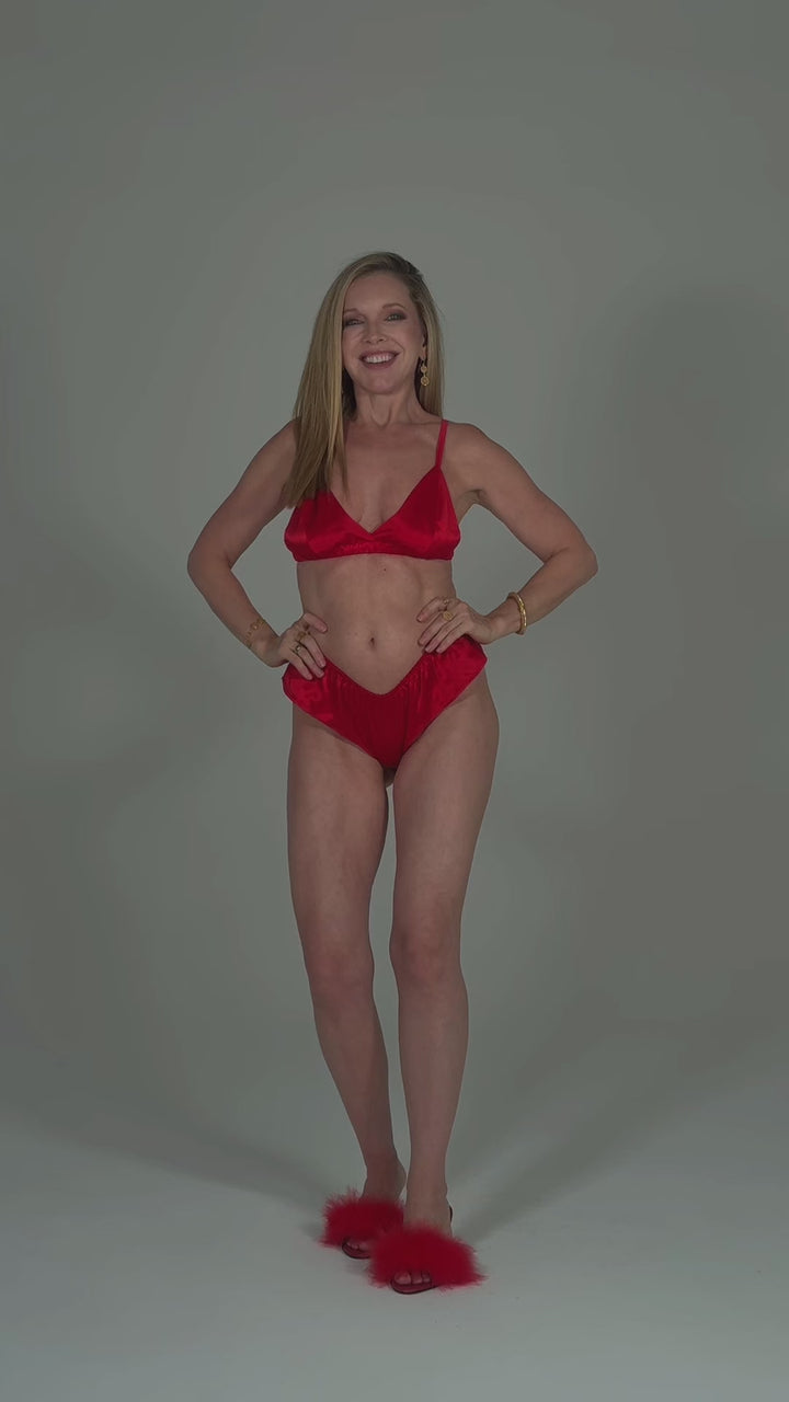 Retro Bombshell Red Satin Ruffled 80s Style High-Cut Panties