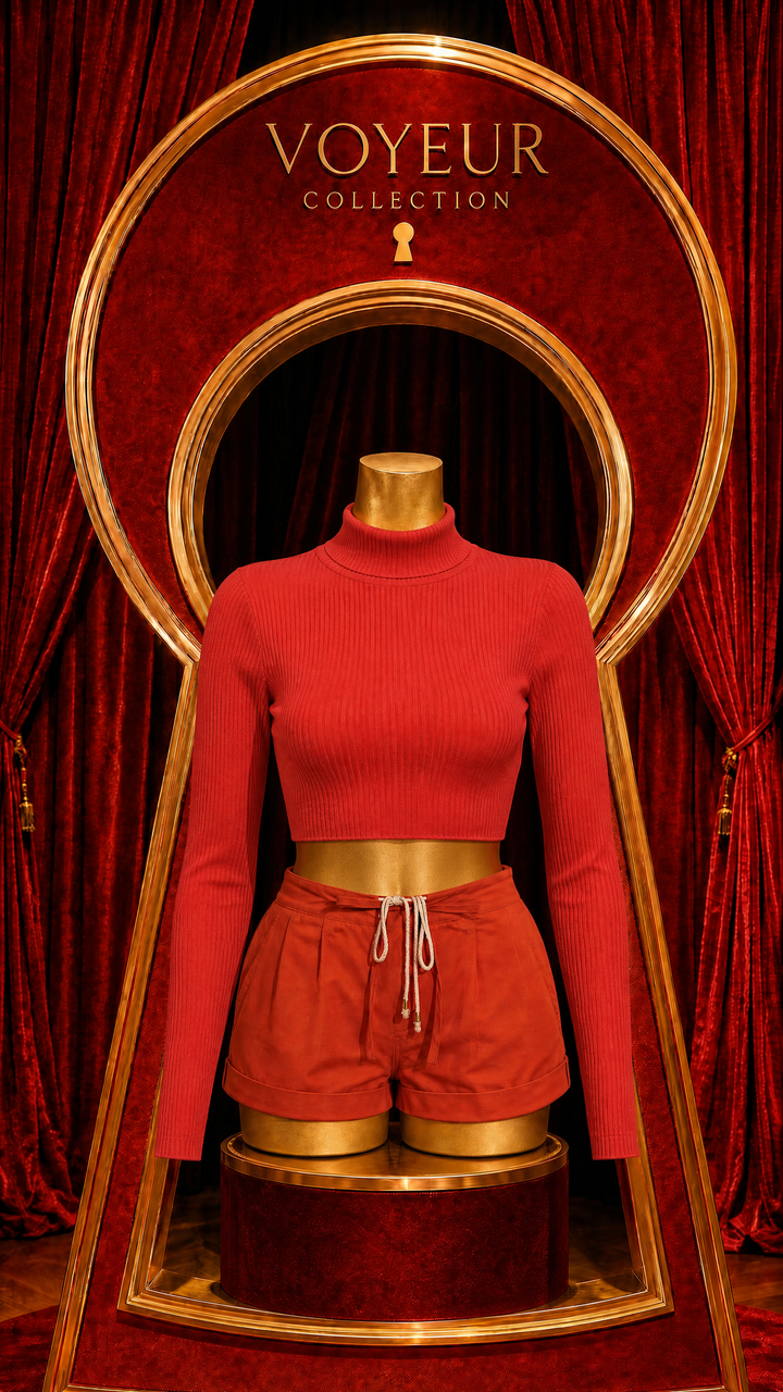 Red Ribbed Turtleneck Cropped Sweater