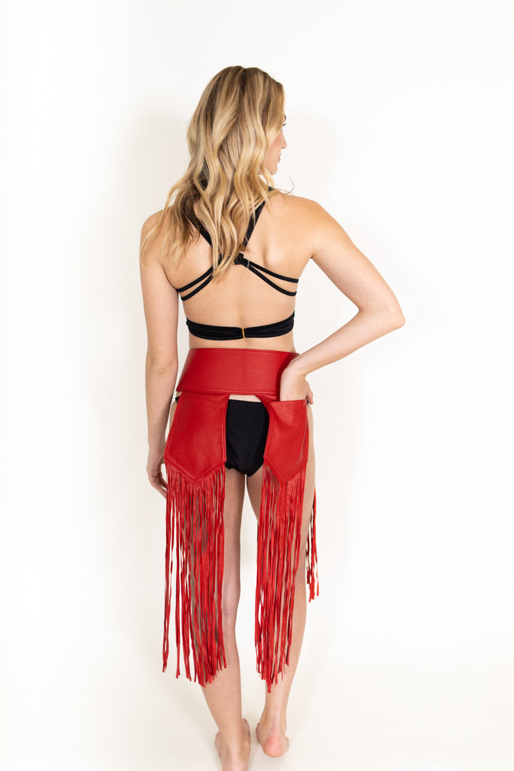 Leather Belt with Fringe Red