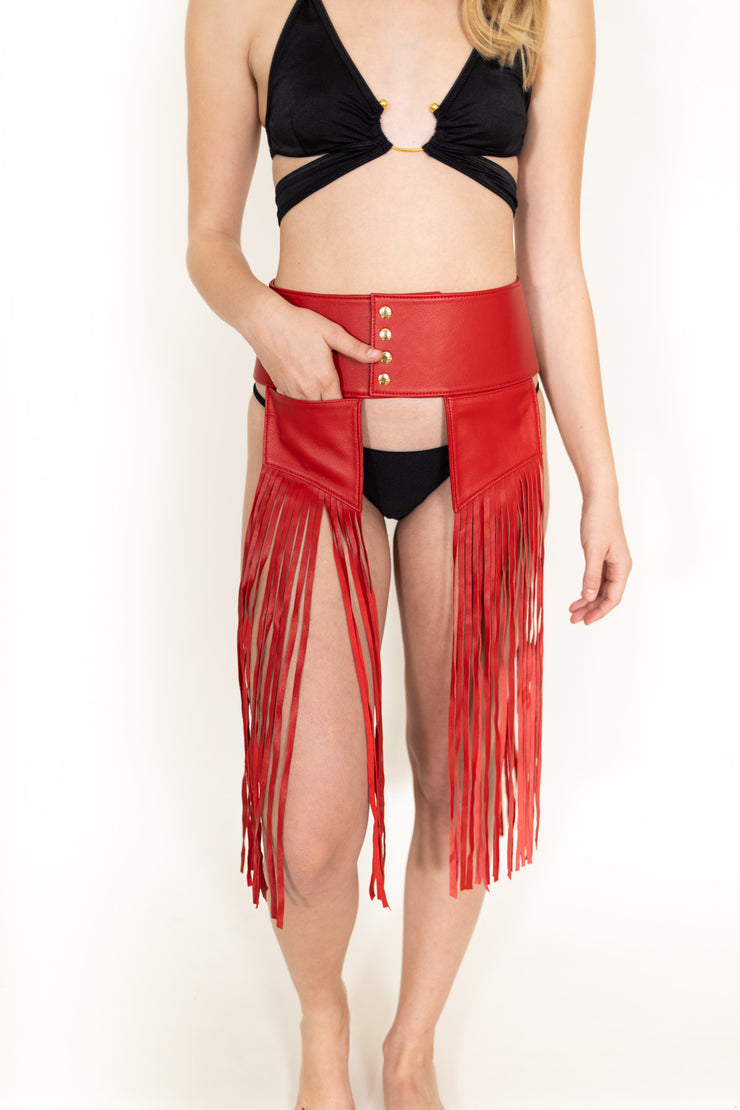Leather Belt with Fringe Red