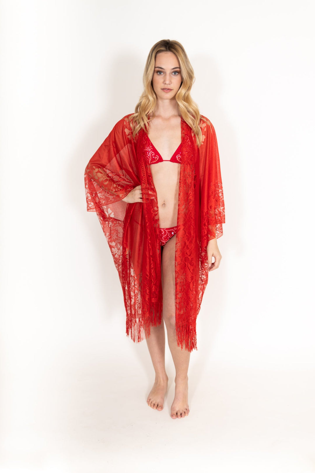 Lace Fringe Kimono Red