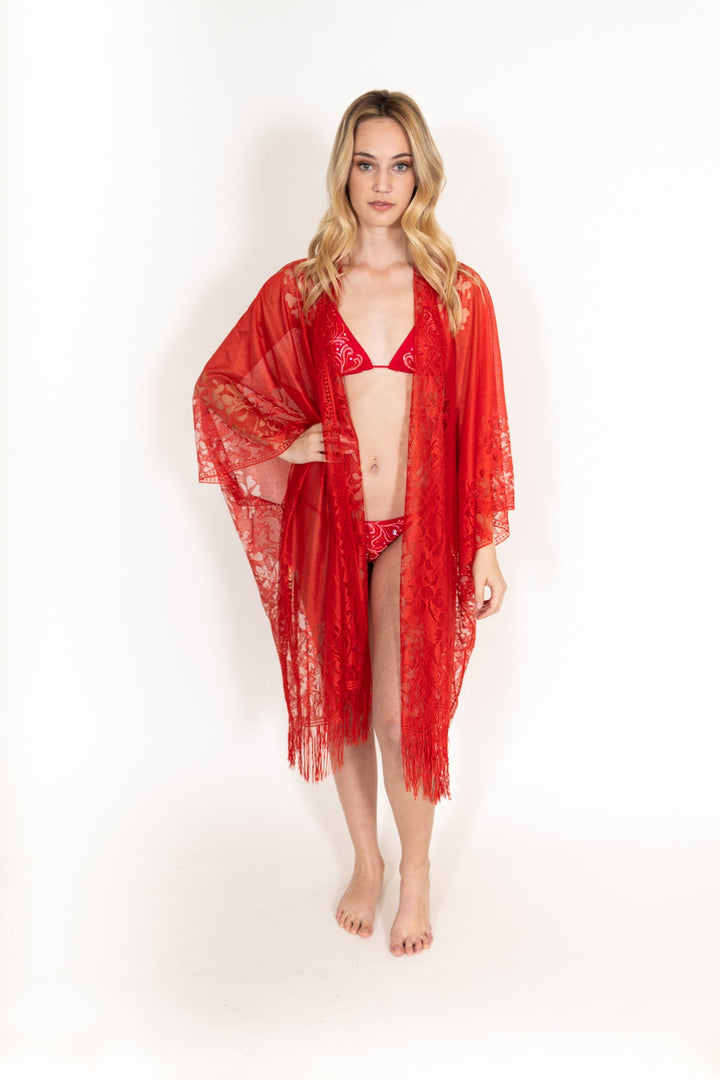 Lace Fringe Kimono Red