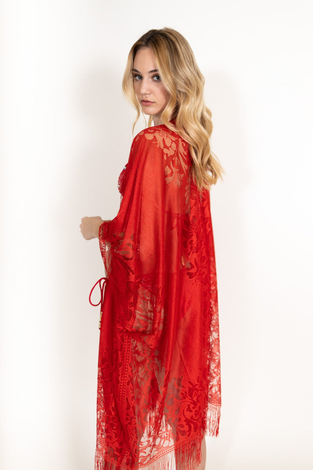 Lace Fringe Kimono Red