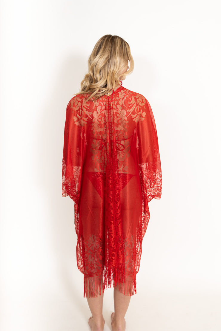 Lace Fringe Kimono Red