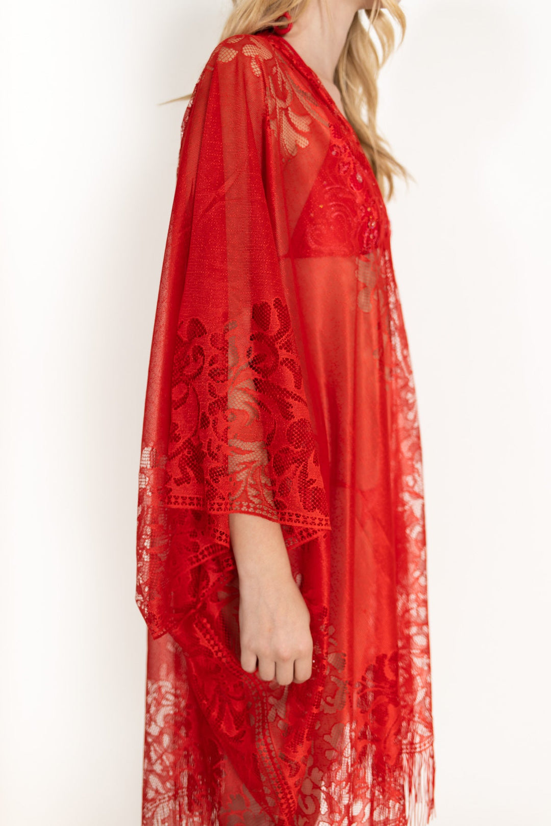 Lace Fringe Kimono Red