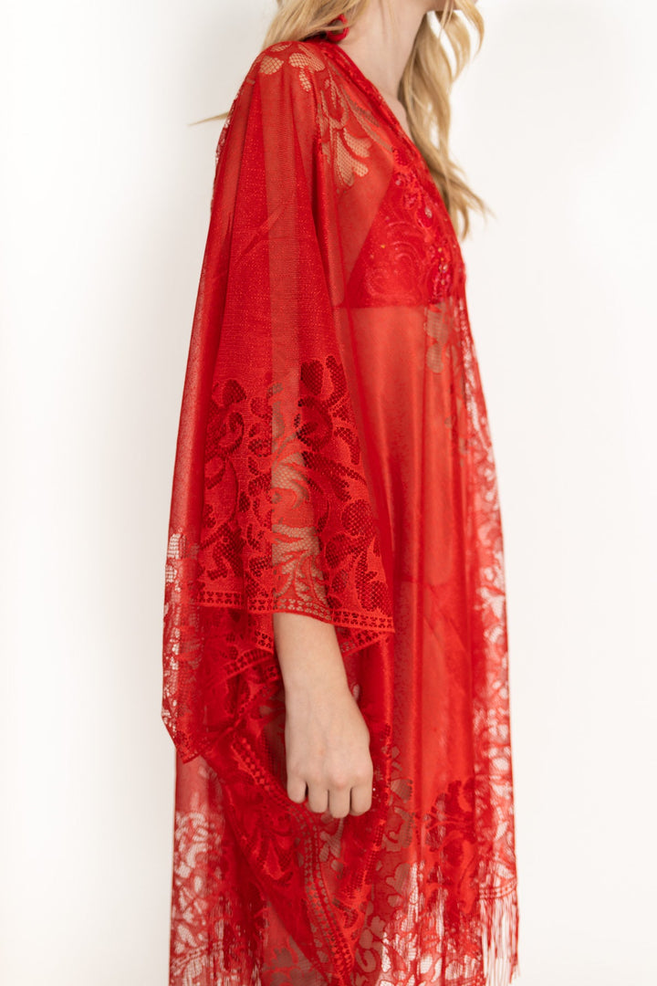 Lace Fringe Kimono Red