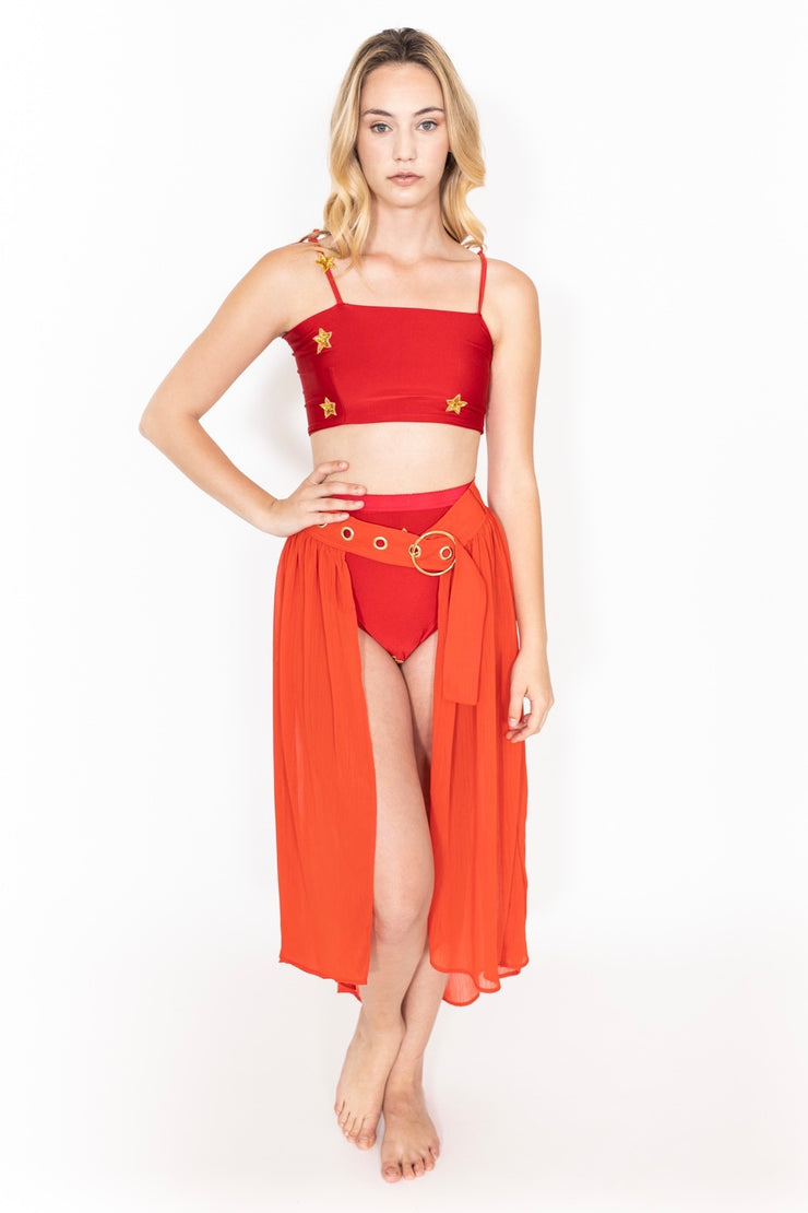Mesh Belted Skirt Red