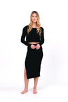 Black Ribbed Midi Skirt with Side Split