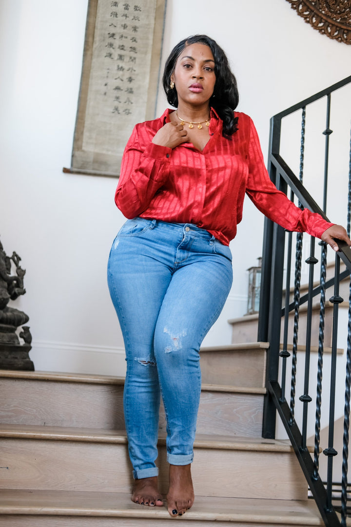 Red Satin Long Sleeve Blouse