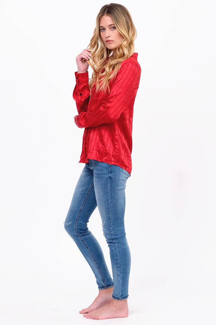 Red Satin Long Sleeve Blouse