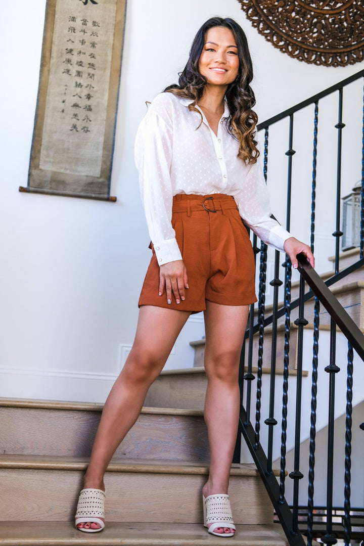 High-Waist Pleated Shorts Rust