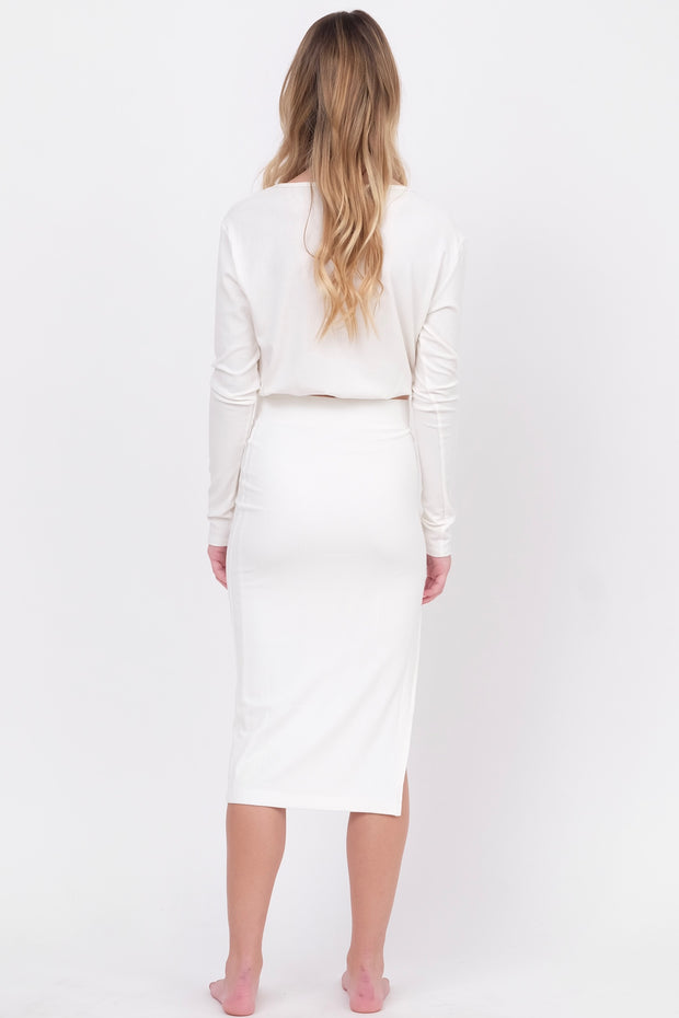White Ribbed Midi Skirt with Side Split