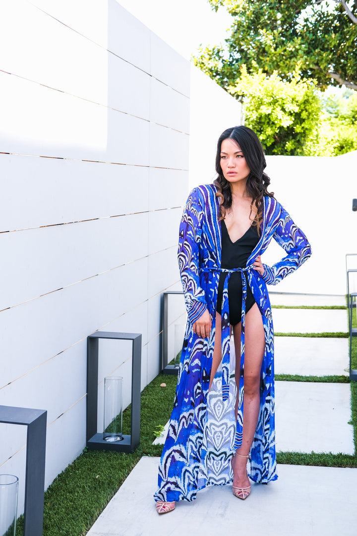Blue Ikat Print Maxi Robe
