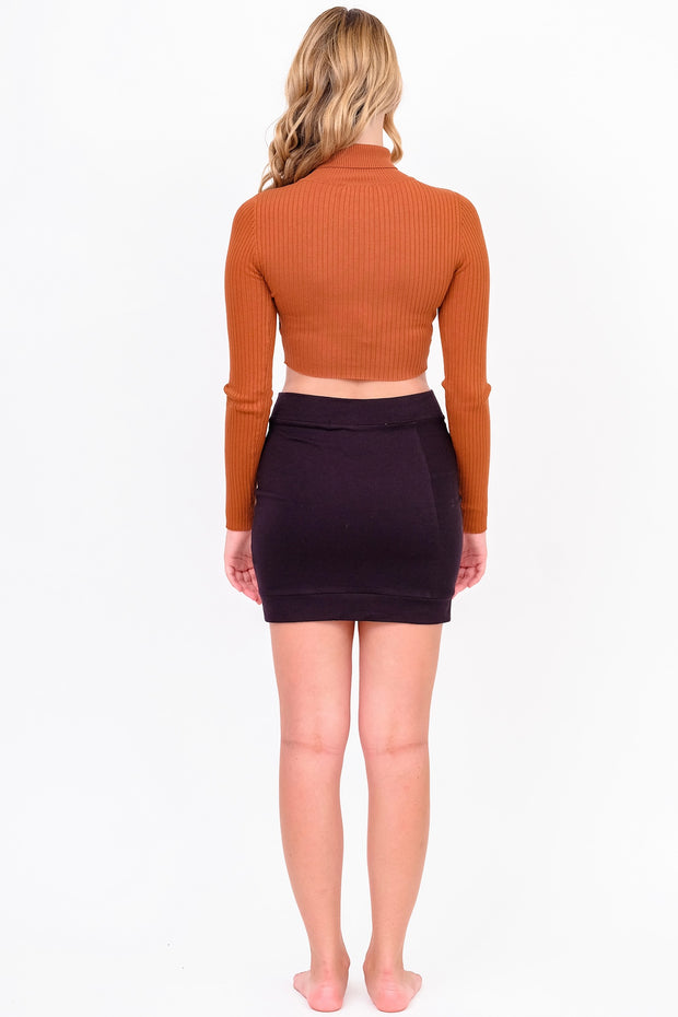 Rust Ribbed Turtleneck Cropped Sweater