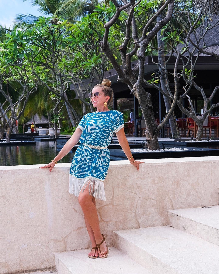 Teal &amp; White Fringe Dress