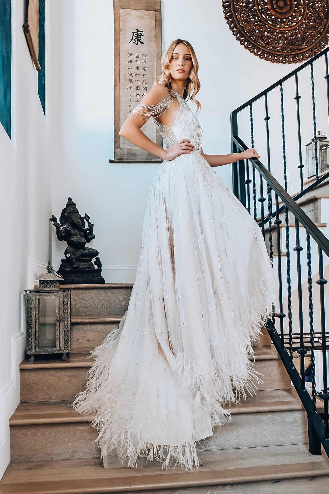Beaded &amp; Feather Hi Low Gown