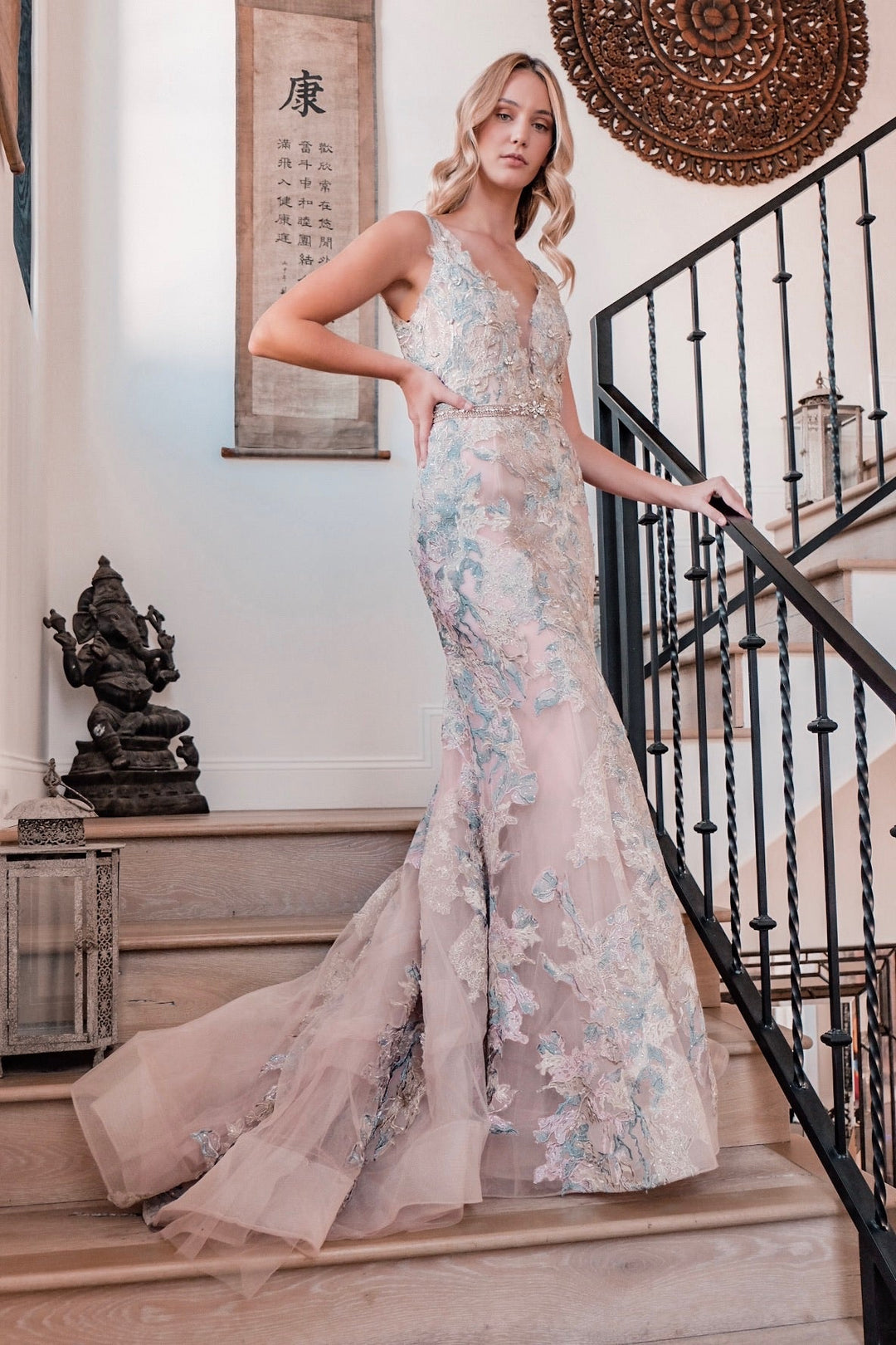 Pink Floral Lace Gown