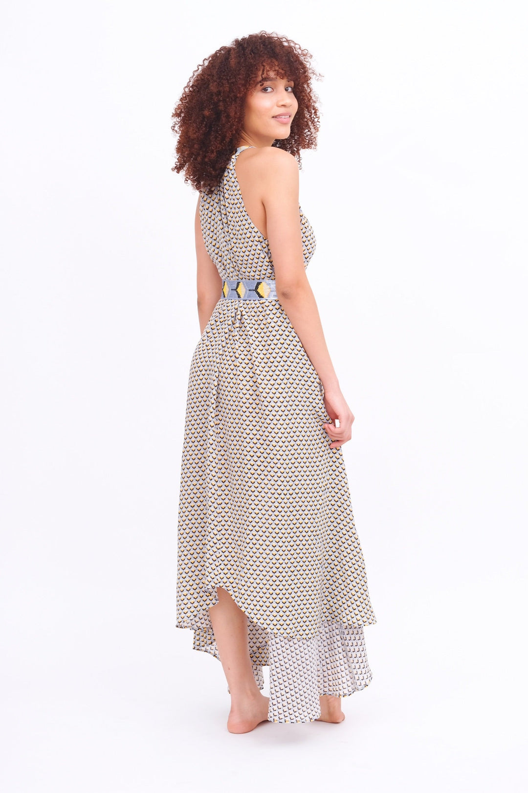 Taj Navy &amp; Gold Asymmetrical Maxi Dress