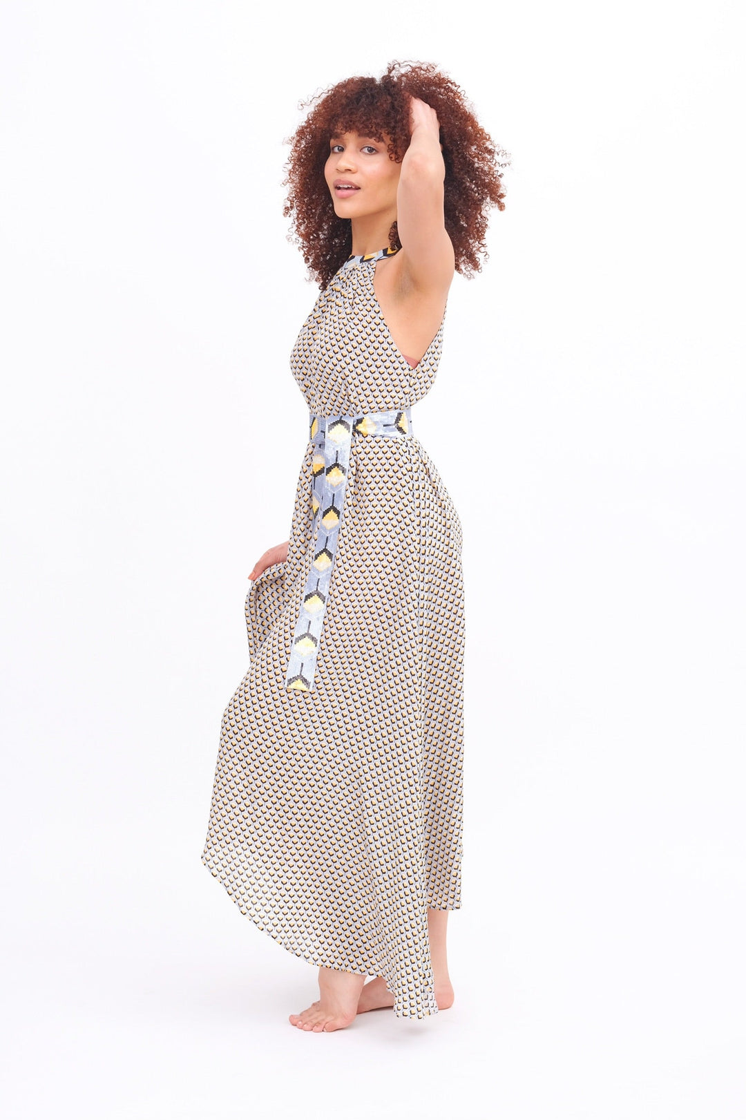 Taj Navy &amp; Gold Asymmetrical Maxi Dress