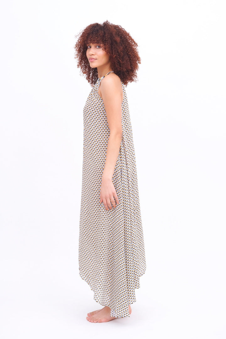 Taj Navy &amp; Gold Asymmetrical Maxi Dress