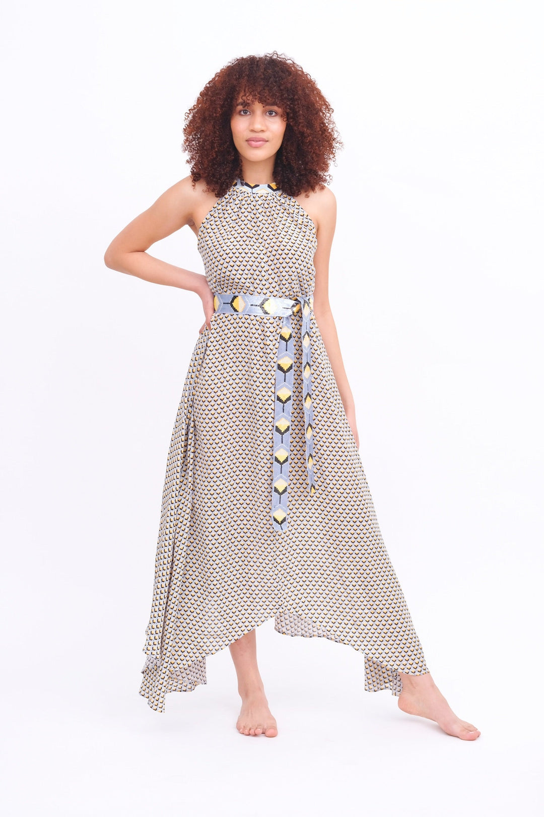 Taj Navy &amp; Gold Asymmetrical Maxi Dress
