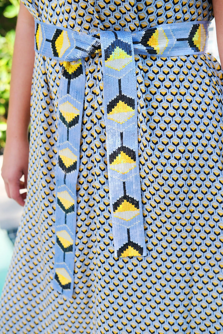 Taj Navy &amp; Gold Asymmetrical Maxi Dress