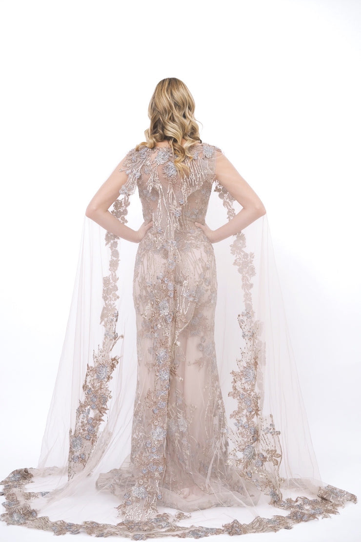 Beaded Floral Gown with Cape