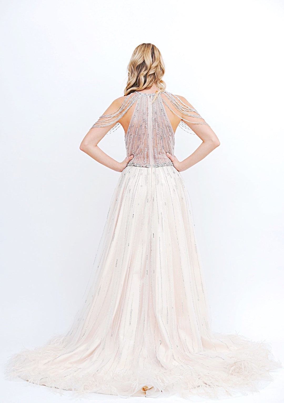 Beaded &amp; Feather Hi Low Gown
