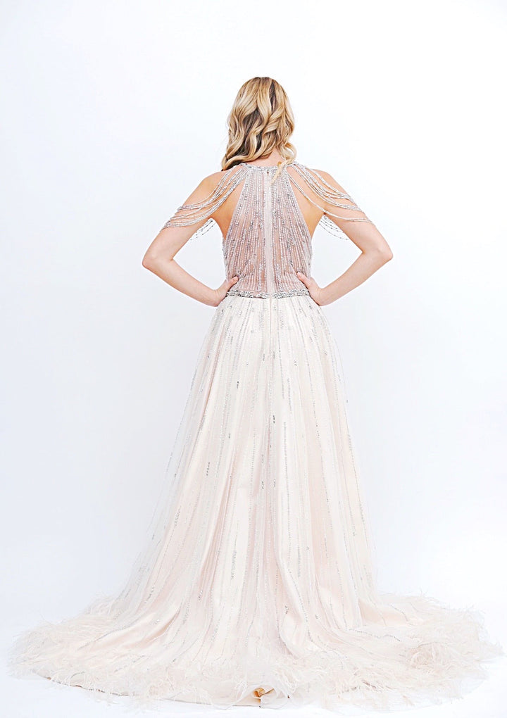 Beaded &amp; Feather Hi Low Gown