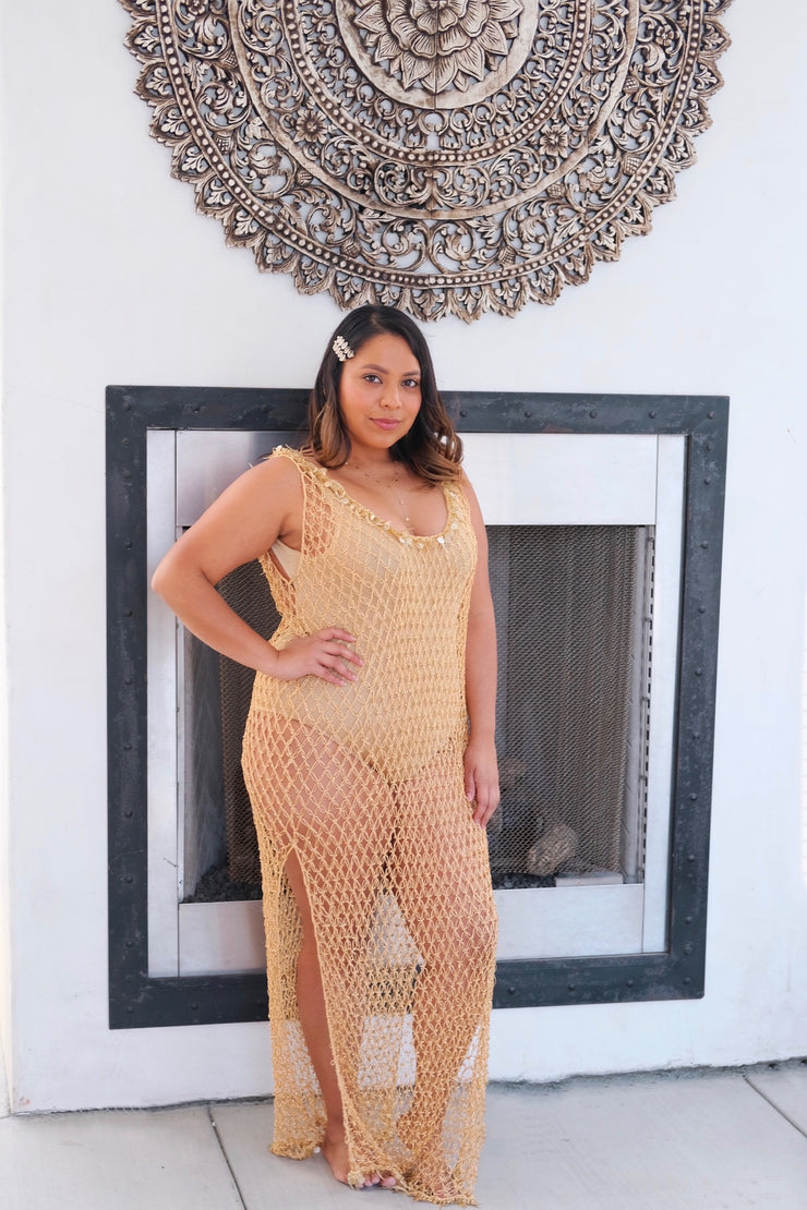 Maxi Beaded Net Cover Up Gold
