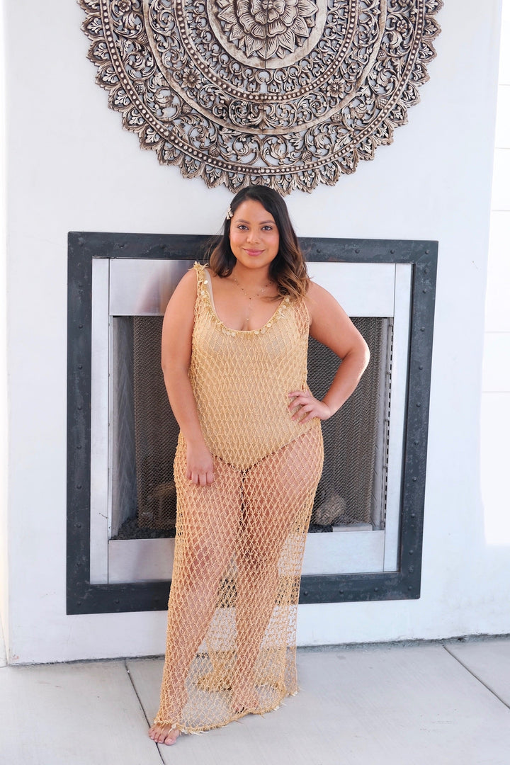 Maxi Beaded Net Cover Up Gold