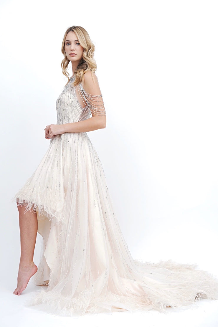 Beaded & Feather Hi Low Gown