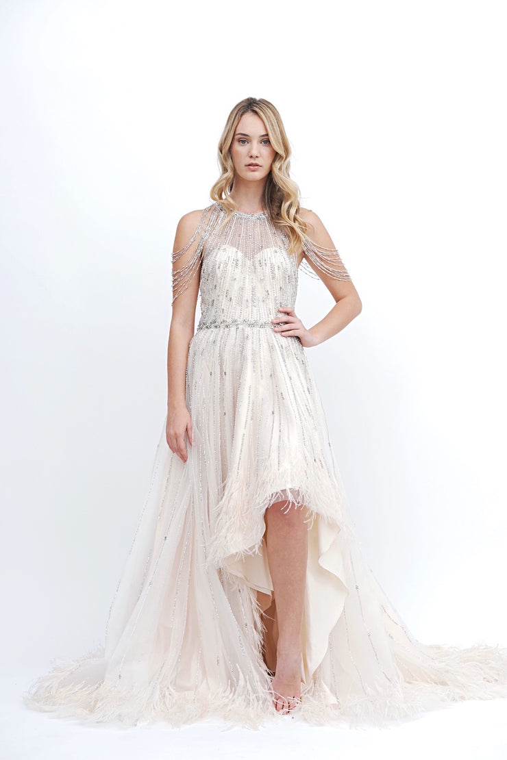 Beaded & Feather Hi Low Gown