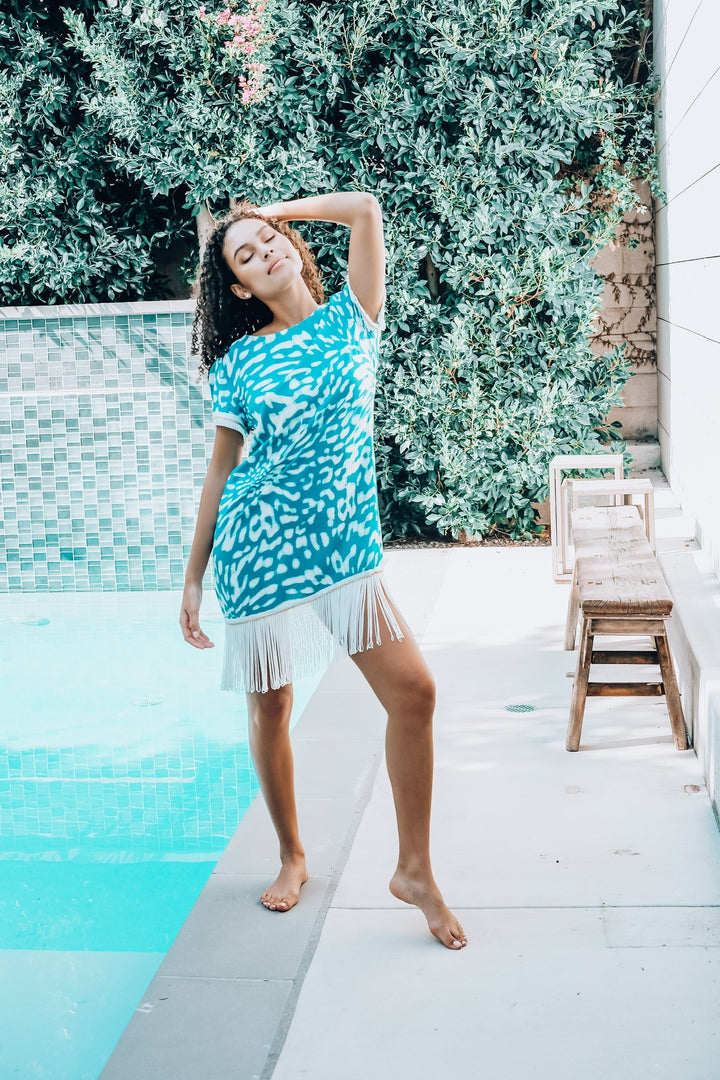 Teal &amp; White Fringe Dress