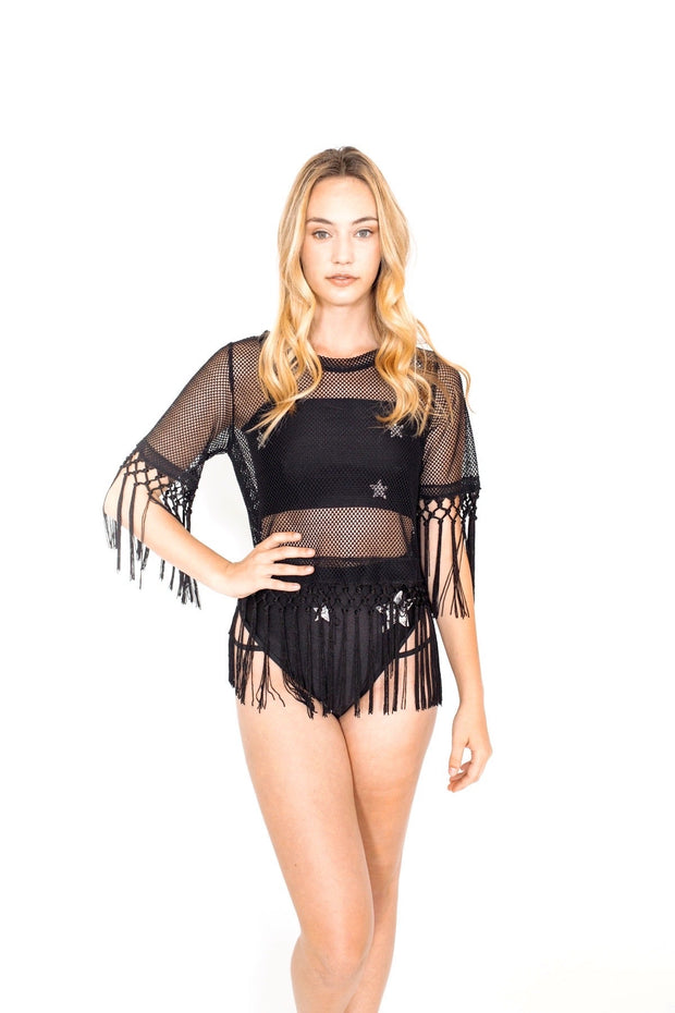Black Mesh Crop Top with Fringe