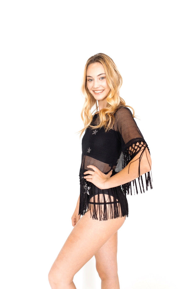 Black Mesh Crop Top with Fringe