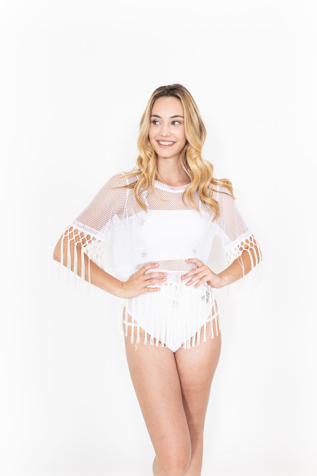 White Mesh Crop Top with Fringe