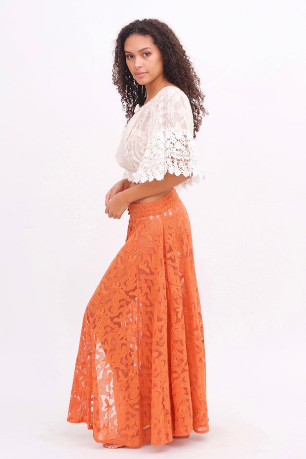Coral Orange Button Up Lace Skirt
