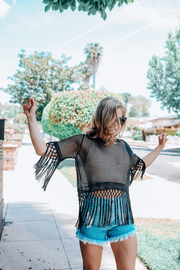 Black Mesh Crop Top with Fringe