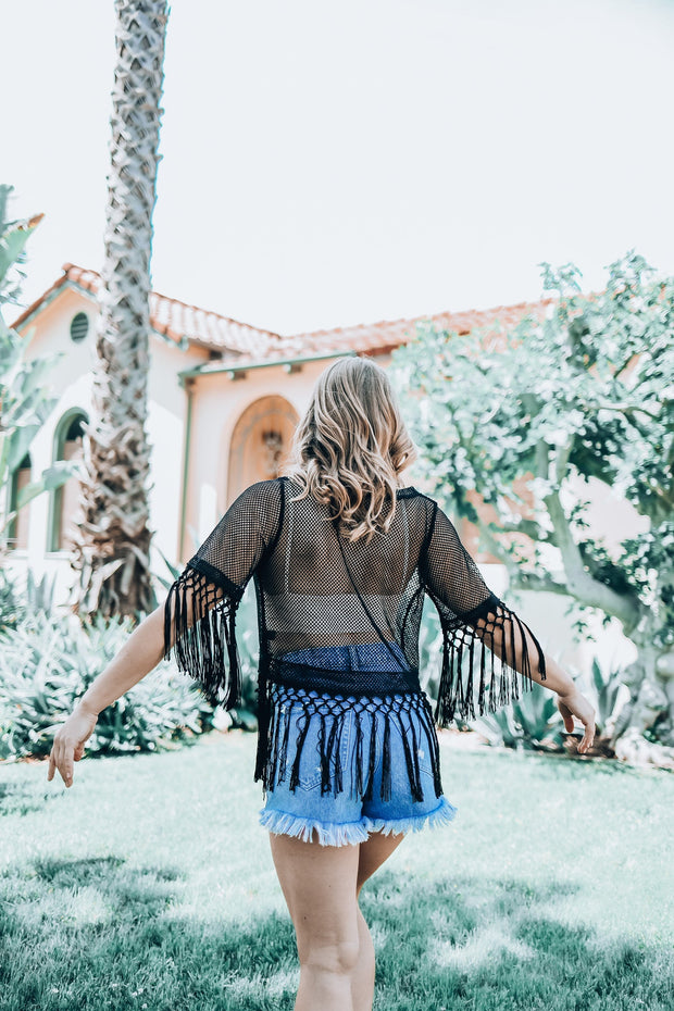 Black Mesh Crop Top with Fringe