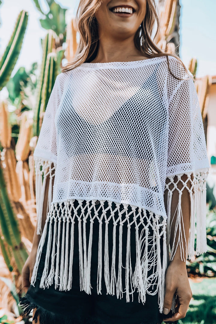 White Mesh Crop Top with Fringe