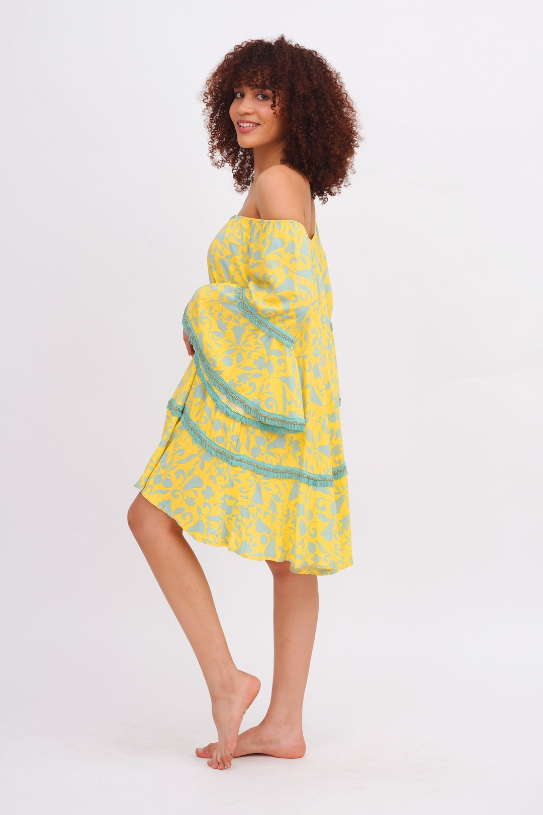 Yellow &amp; Aqua Off the Shoulder Dress