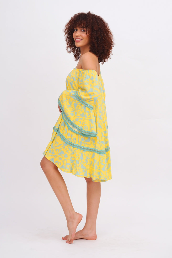 Yellow &amp; Aqua Off the Shoulder Dress