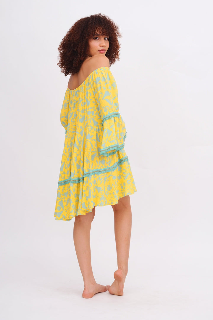 Yellow &amp; Aqua Off the Shoulder Dress