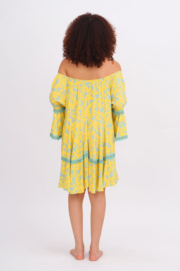 Yellow & Aqua Off the Shoulder Dress