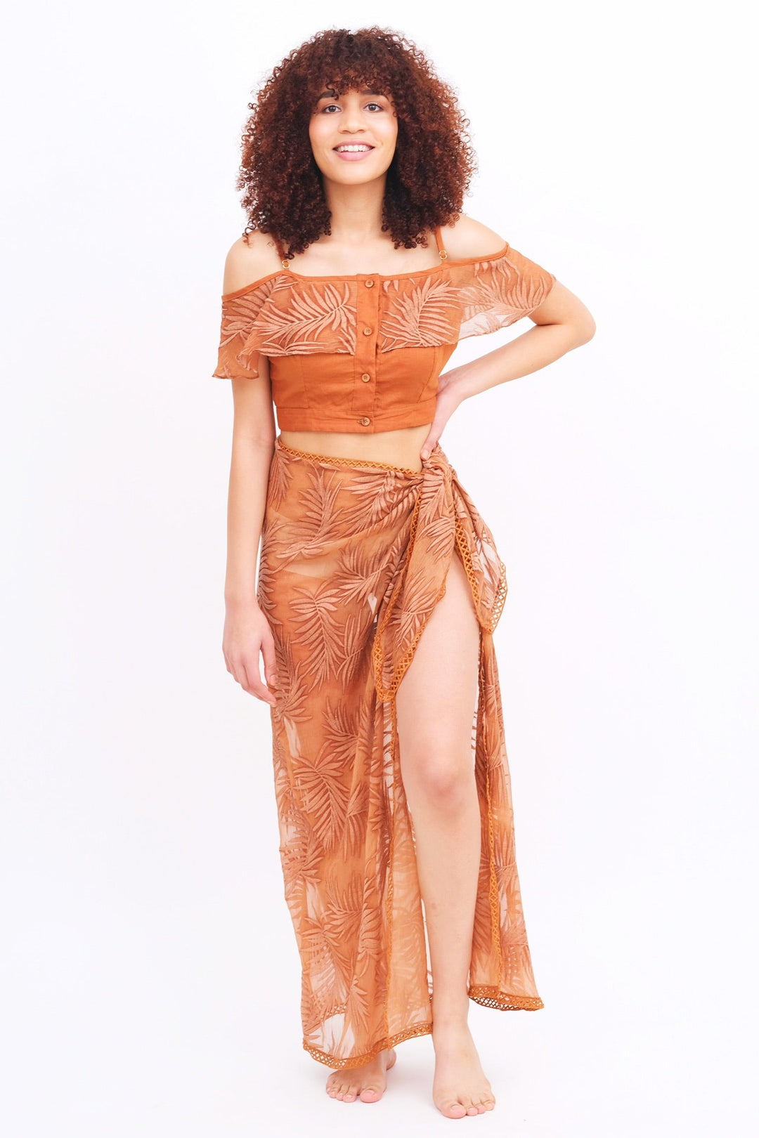 Copper Palm Leaf Ruffle Top