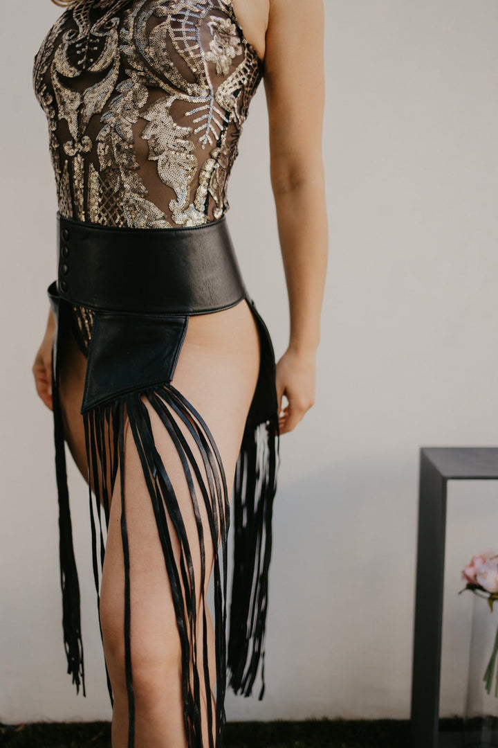 Leather Belt with Fringe Black