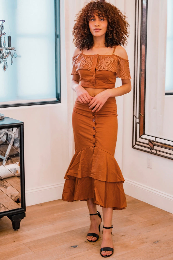 Copper Palm Leaf Ruffle Top
