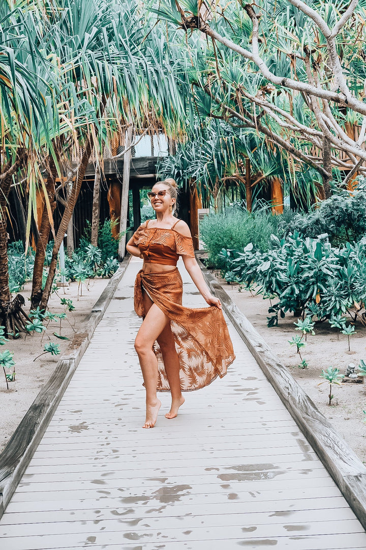Copper Palm Leaf Ruffle Top